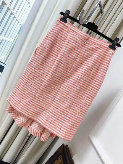 Chanel 21S orange-pink and white striped pleated midi skirt