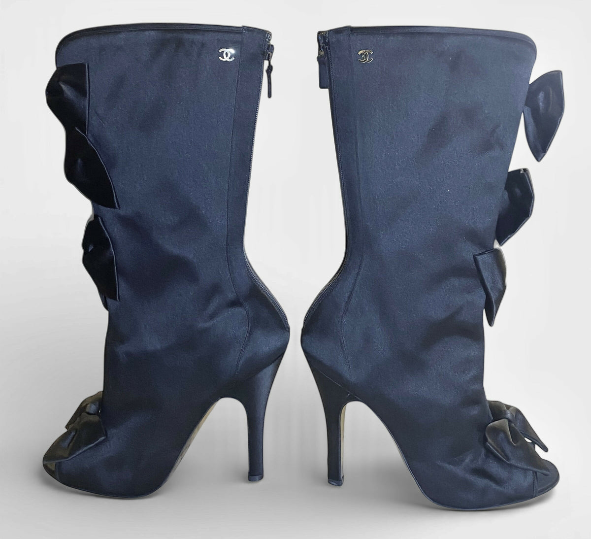 Chanel 09P Black Satin CC Bow Mid Calf Peep Toe Booties Ankle Boot Heels