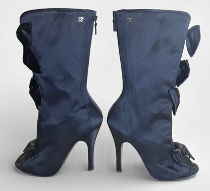 Chanel 09P Black Satin CC Bow Mid Calf Peep Toe Booties Ankle Boot Heels