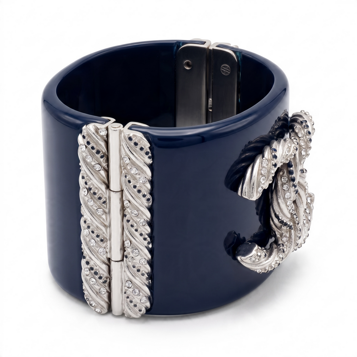 Chanel 13P Navy Blue Silver Crystals Lucite Statement Bracelet Cuff