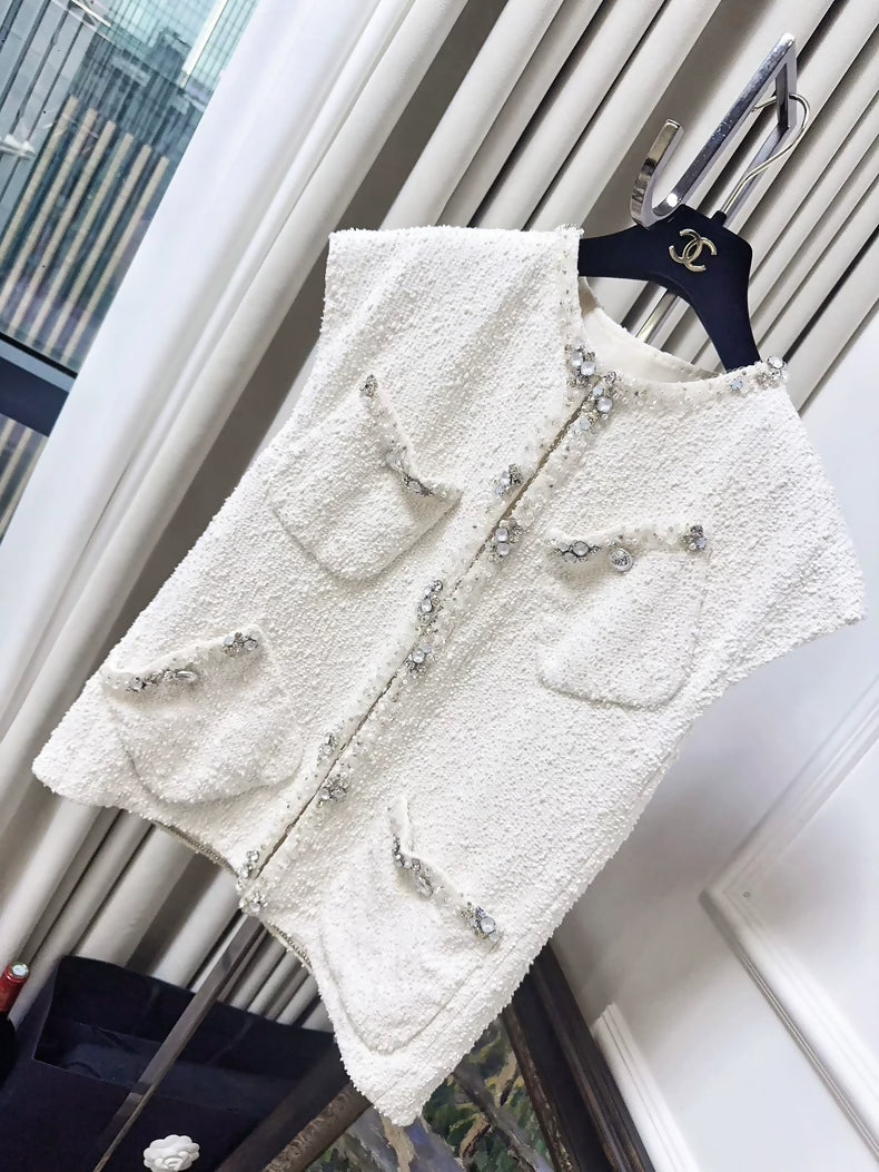 Chanel 21S white tweed cardigan vest