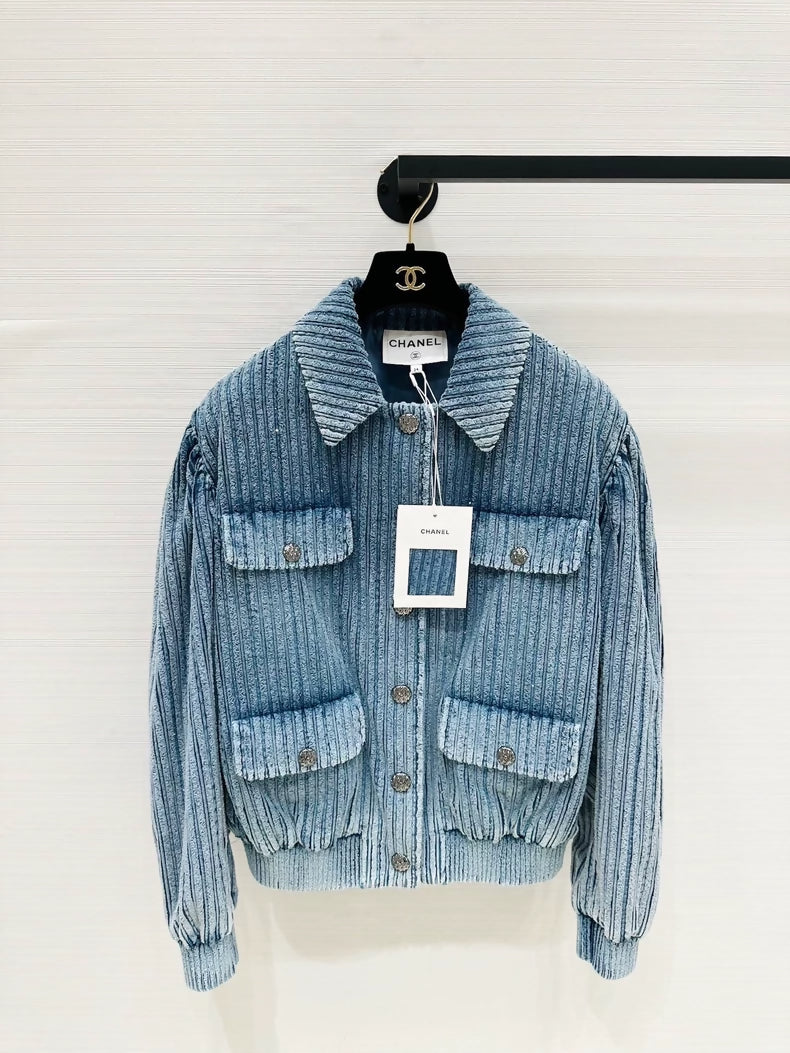 Chanel 25K blue jacket with stripes and sequins