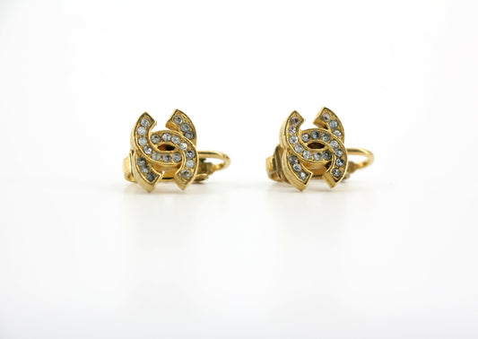 Chanel Vintage 71-80 Rhinestone & Gold-Plated Large CC Clip-on Earrings