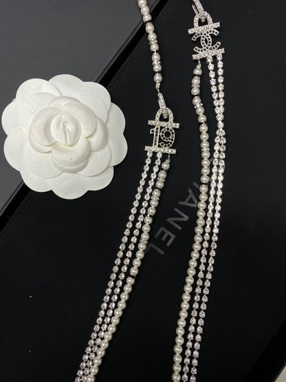 Chanel 22B pearl full diamond multi-layered pendant waist chain necklace