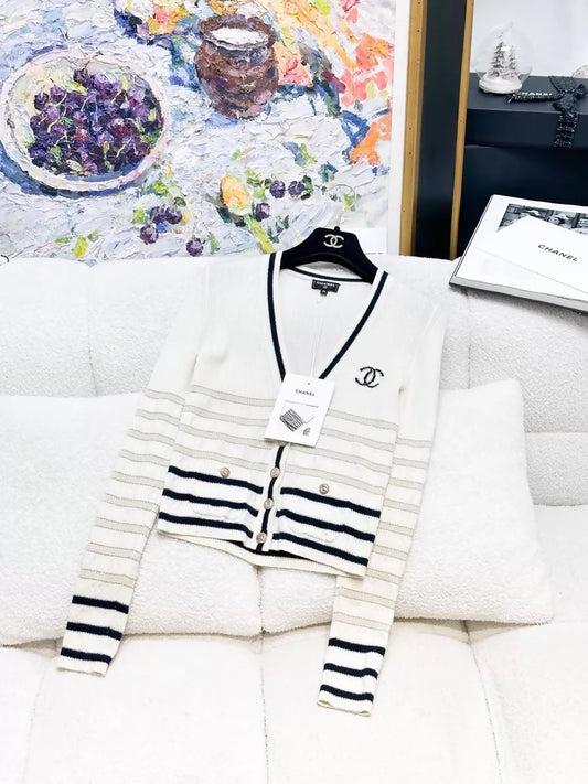 Chanel 22B cashmere black and white striped knit cardigan