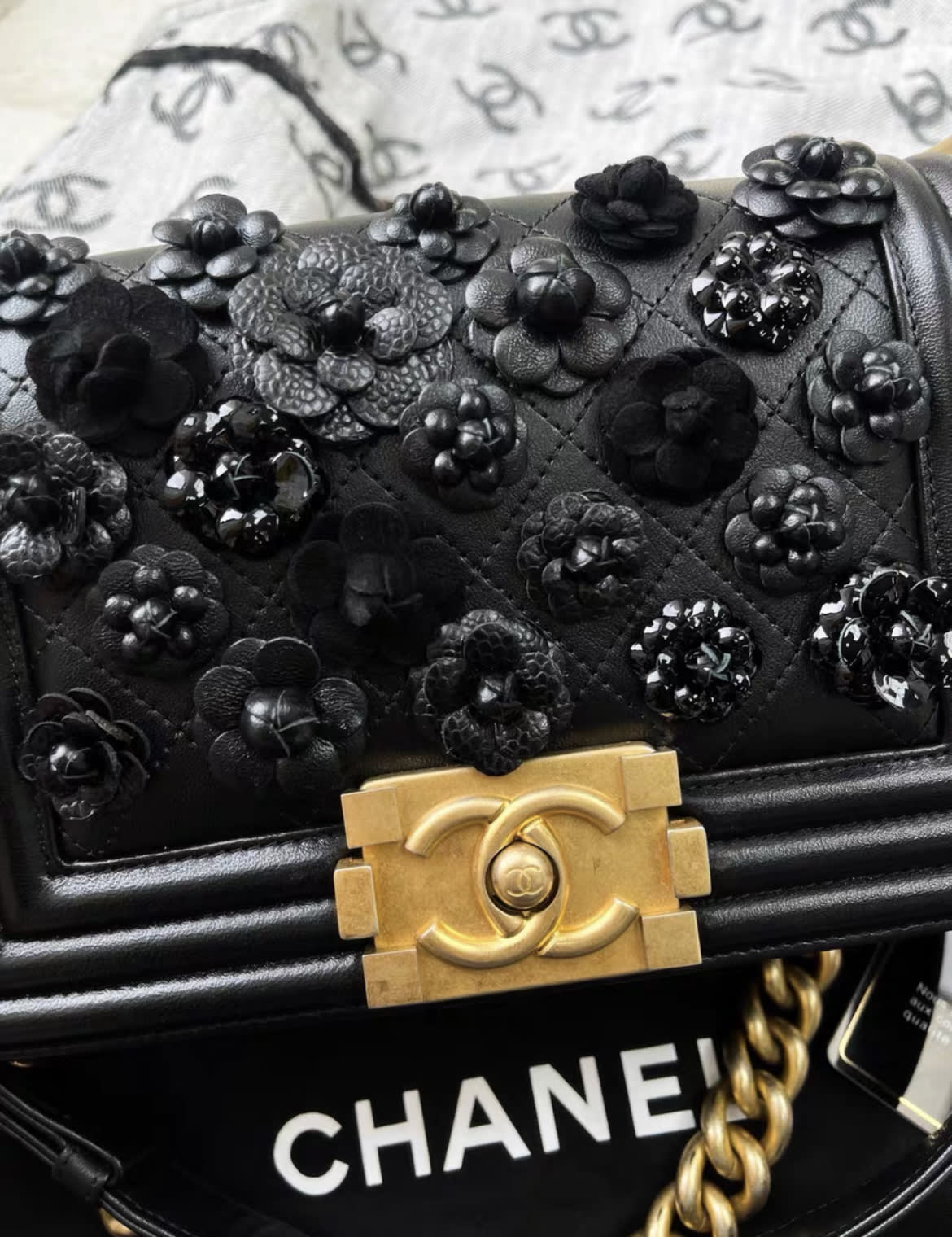 Rare Chanel limited edition leboy camellia flower black leather