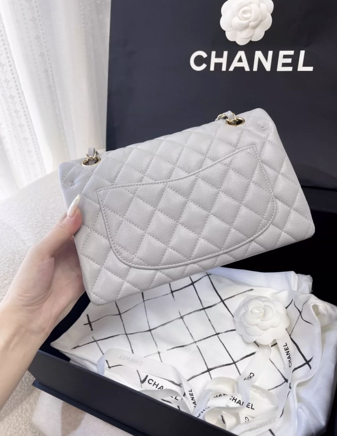 Chanel Small Classic Double Flap Pearl Grey Caviar Gold Hardware