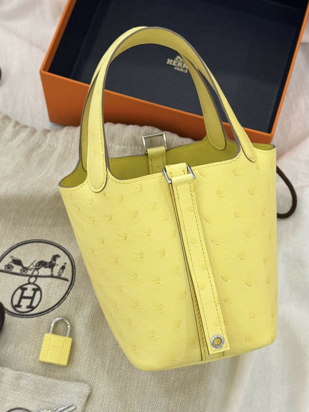 Hermès Micro Picotin Lock / Lucky Daisy / Ostrich Picotin Limoncello / Lemon Liqueur Ostrich Leather