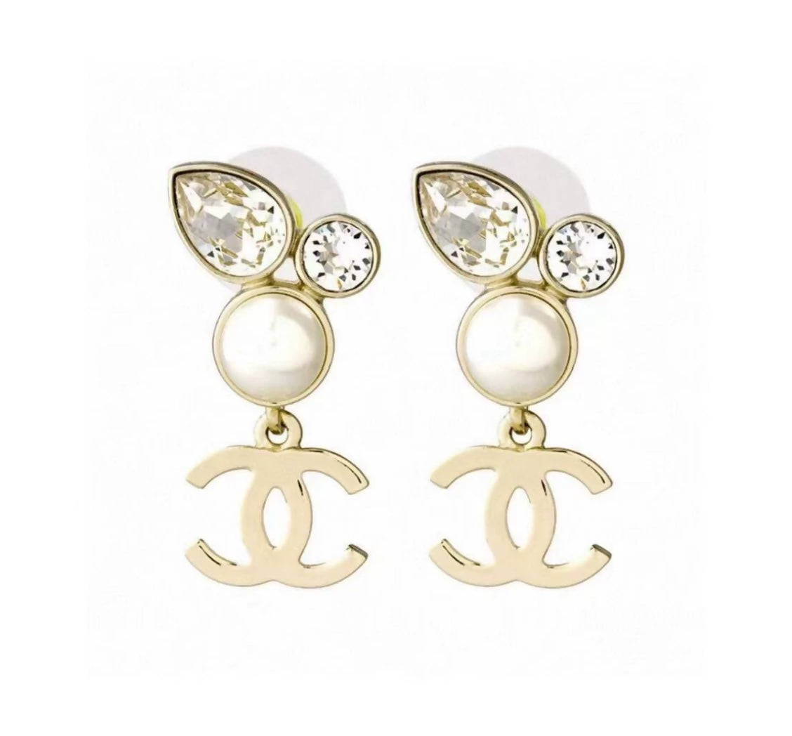 Chanel 22A water drop rhinestone pearl earrings