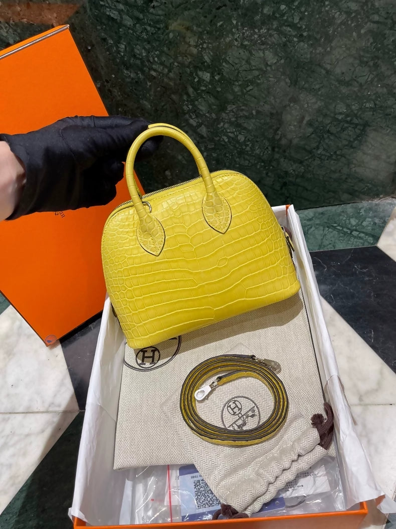 Hermes Mini Bolide M9 Marigold Yellow Matte crocodile leather palladium hardware