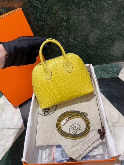 Hermes Mini Bolide M9 Marigold Yellow Matte crocodile leather palladium hardware