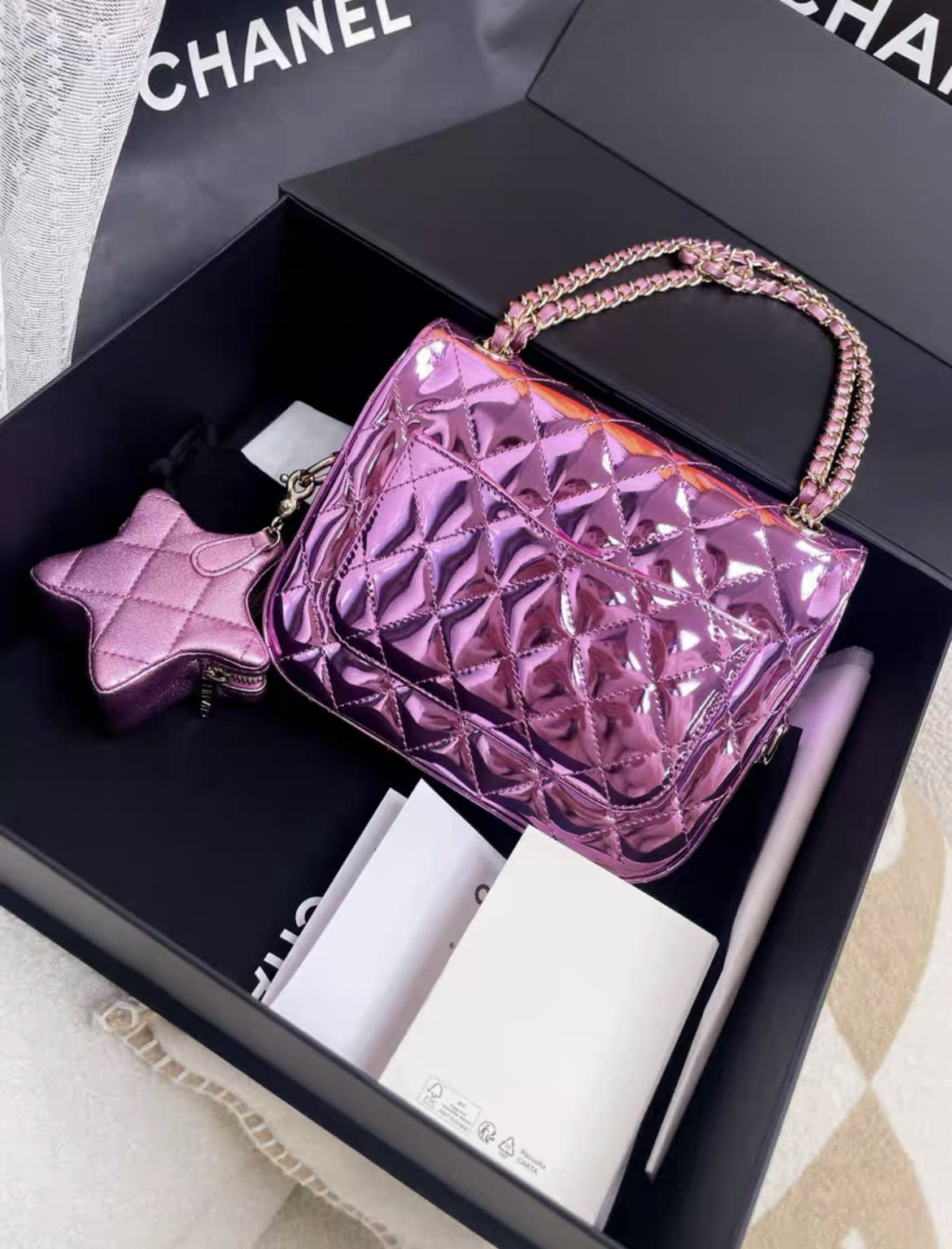 24C Chanel Purple Mirrored metallic Mini Square Flap Bag Star Handbag