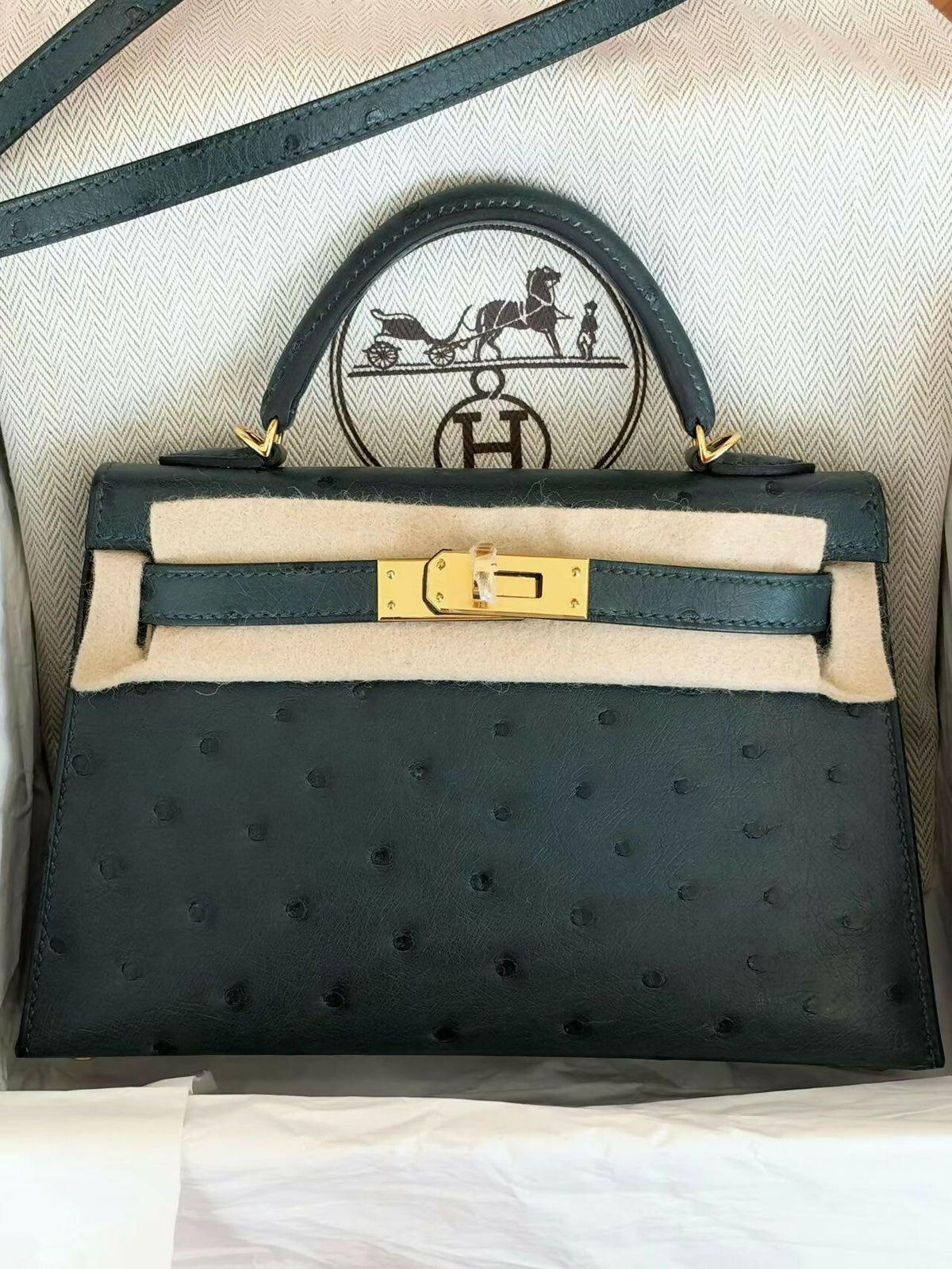 Hermès Mini Kelly II Vert Amande Ostrich Leather with Gold Hardware G Stamp