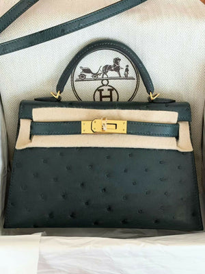 Hermès Mini Kelly II Vert Amande Ostrich Leather with Gold Hardware G Stamp