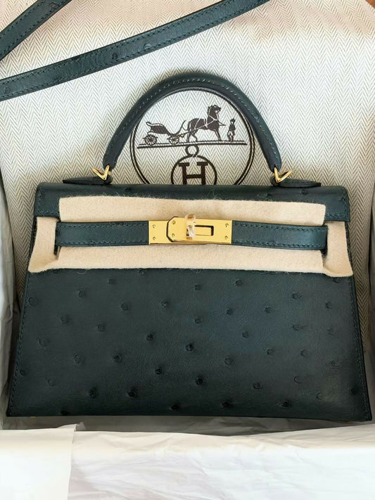 Hermès Mini Kelly II Vert Amande Ostrich Leather with Gold Hardware G Stamp
