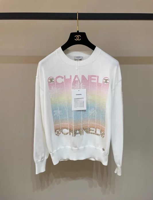 Chanel 24C Colourful Letter Print Sequin White Sweater