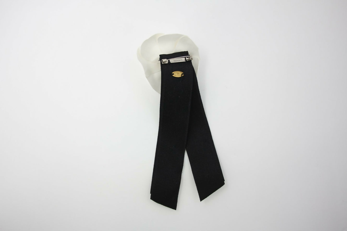 Chanel Vintage 81-85 Satin Fabric Black Camellia Ribbon Brooch