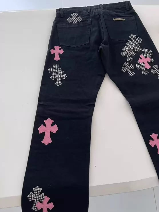 Chrome Hearts black pink leather cross pants