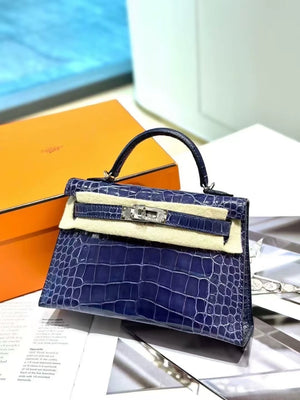 Hermes Mini Kelly 20 M3 in ink blue shiny crocodile leather palladium hardware