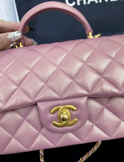 Chanel Mini Rectangular Flap Bag with Top Handle Pink Iridescent Lambskin Antique Gold Hardware