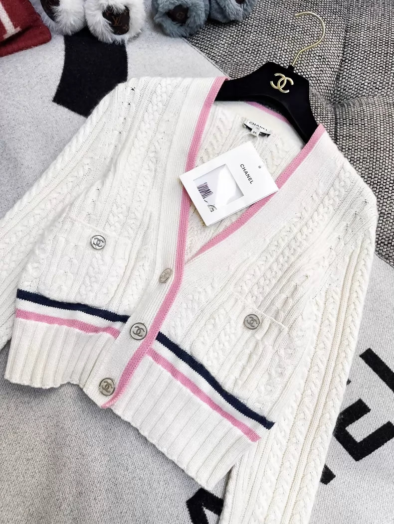 Chanel 23P ecru cardigan with pink trim