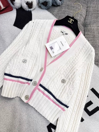 Chanel 23P ecru cardigan with pink trim