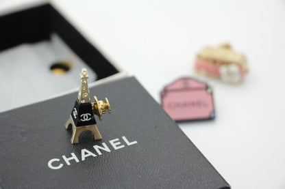 Chanel 06C Metal Pink Bus Eiffel Tower and Pink Bag Trio Brooch Set