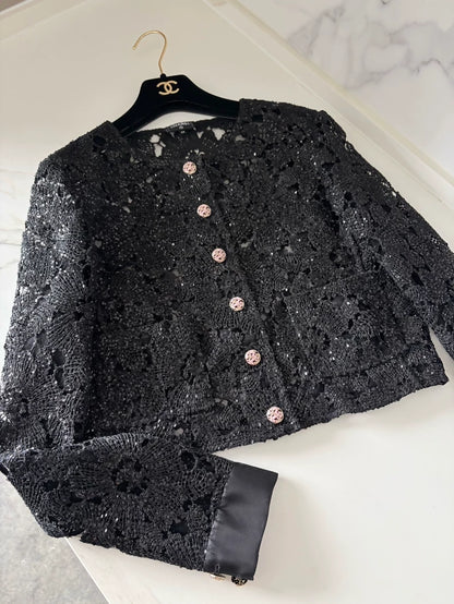 Chanel 24S Black lace Camellia Jacket