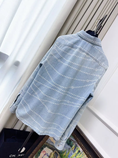Chanel 25p light blue pearl print all-over logo denim shirt/jacket,