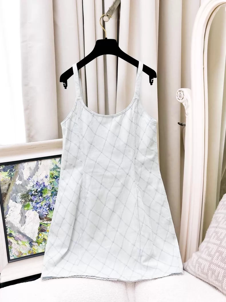 Chanel 26M light blue quilted denim dress