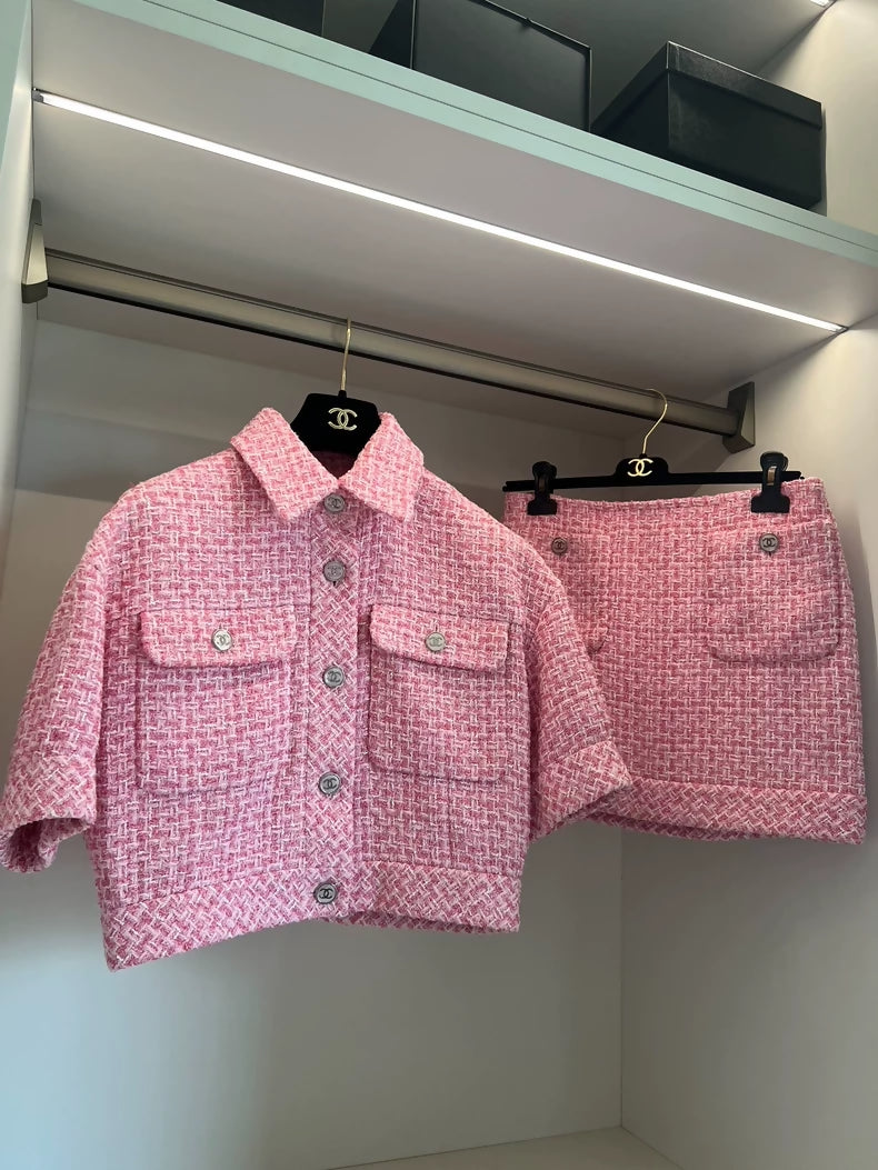 Chanel 23P pink tweed jacket & skirt set
