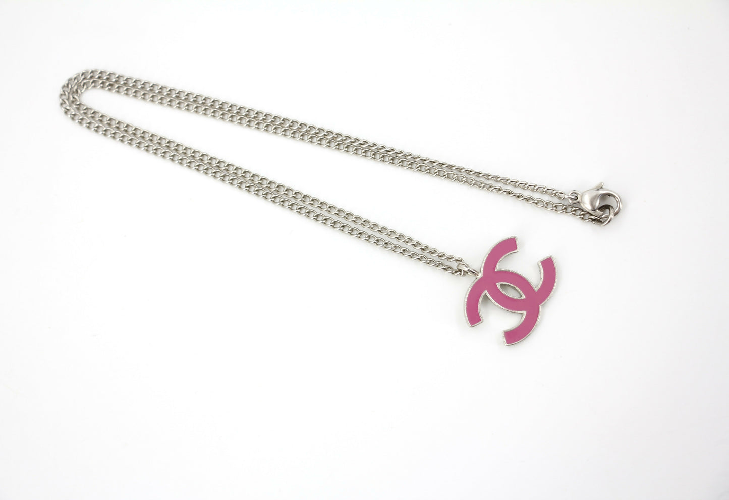 Chanel Vintage 04P Enamel Peach Pink CC Silver Chain Necklace