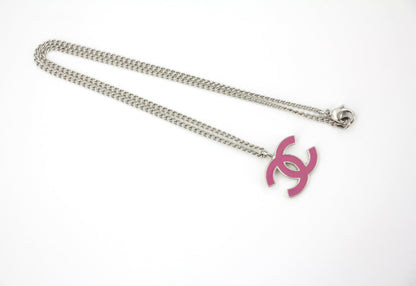 Chanel Vintage 04P Enamel Peach Pink CC Silver Chain Necklace