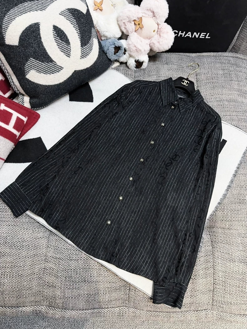 Chanel 23P Dark Double C Print Black Striped Shirt