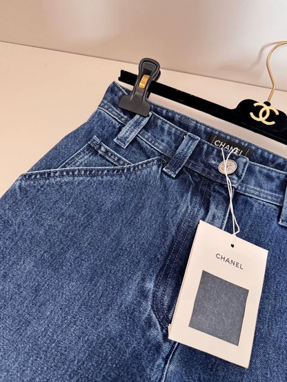 Chanel 26P Dark Straight-Leg Jeans with Large Double C Logo