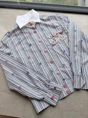 Chanel 23P stripped Embroidered Floral Shirt