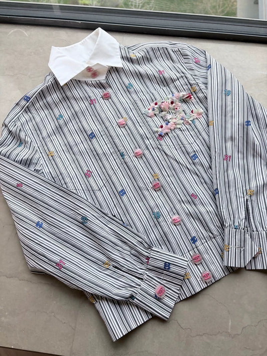 Chanel 23P stripped Embroidered Floral Shirt