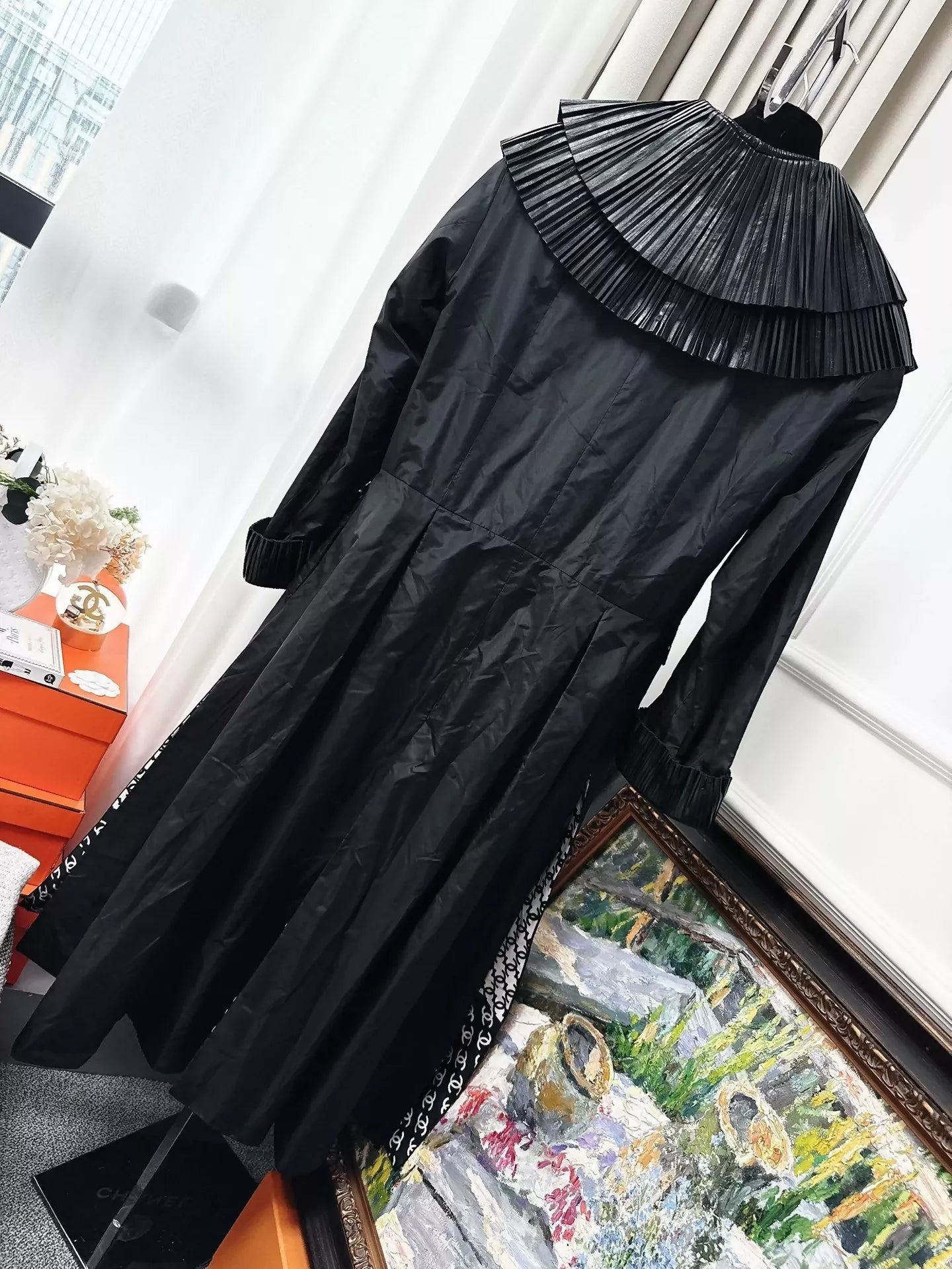 Chanel 20k black ruffled collar long coat