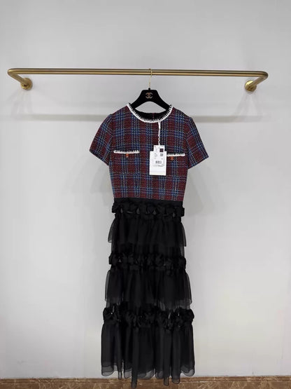 Chanel 23C black, Red and Blue Lace Bow Dress