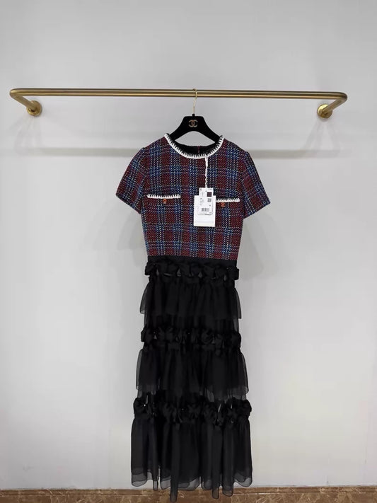 Chanel 23C black, Red and Blue Lace Bow Dress
