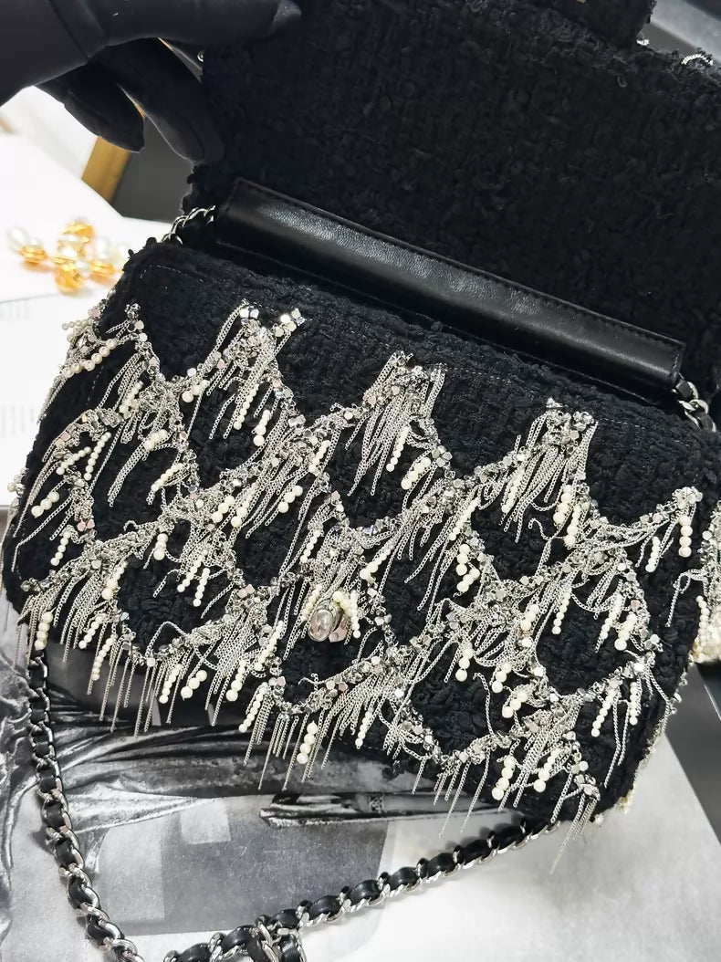 Chanel 23S black and silver tassel pearl leather tweed square flap bag