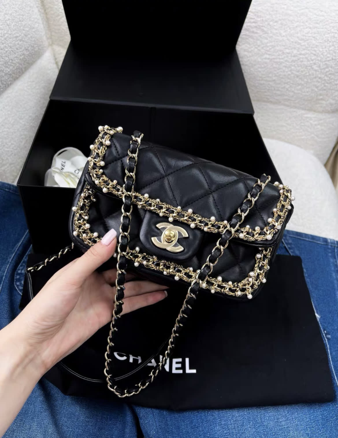 Chanel limited edition pearl leather CF chain bag