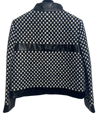 Chanel 17B Metropolitan Checker Sequin Leather Trim Zip Up Jacket FR 42
