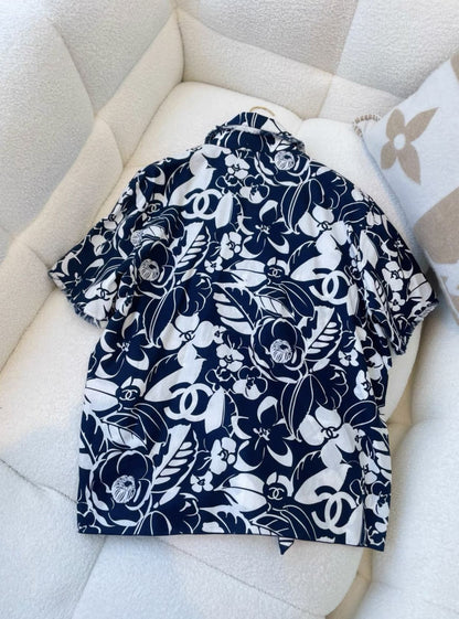 Chanel coco limited blue and white camellia shirt