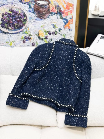 Chanel 17k navy blue sequined and pearl-trimmed tweed jacket