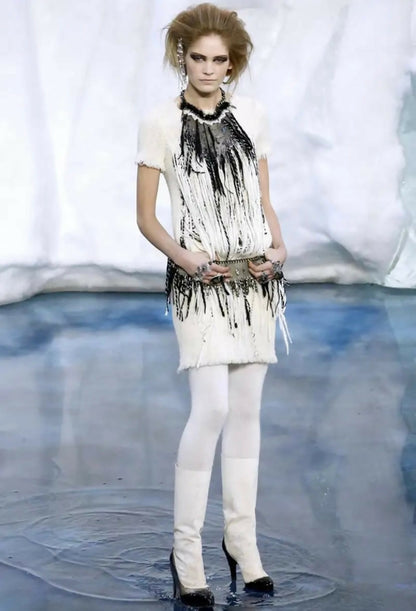 Chanel 10A ‘Arctic Ice’ Micro Pearl Beaded Fringe Ivory Tweed Shift Dress FR 44