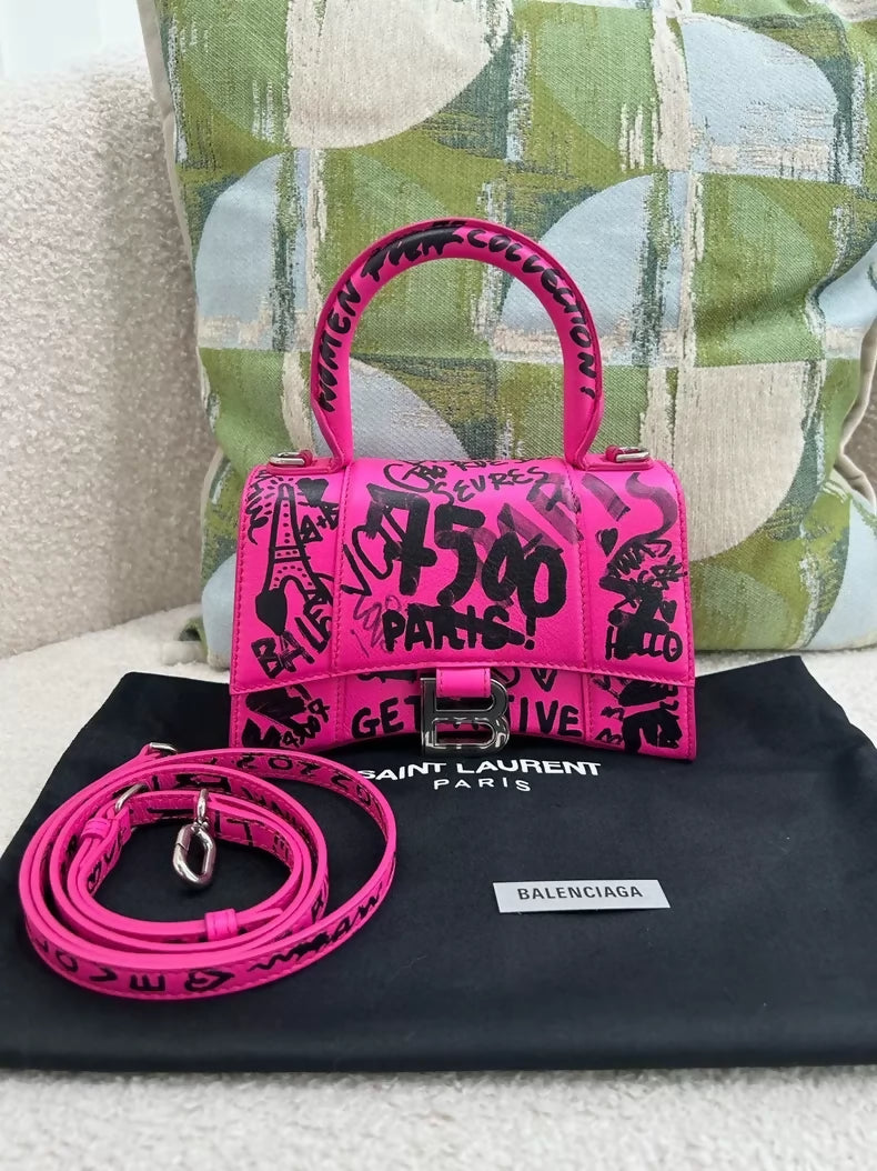 Balenciaga pink graffiti letter hourglass bag