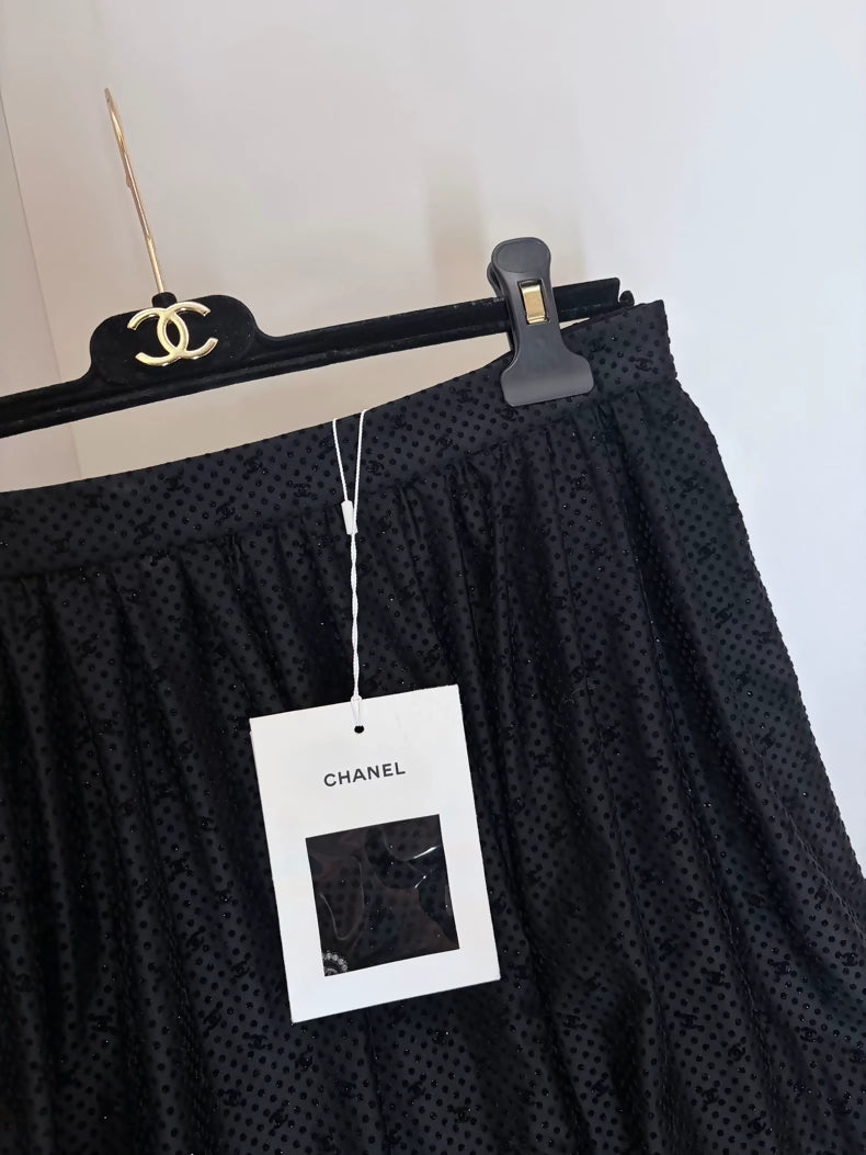 Chanel 24B Black Velvet Polka Dot Double C Pleated Skirt