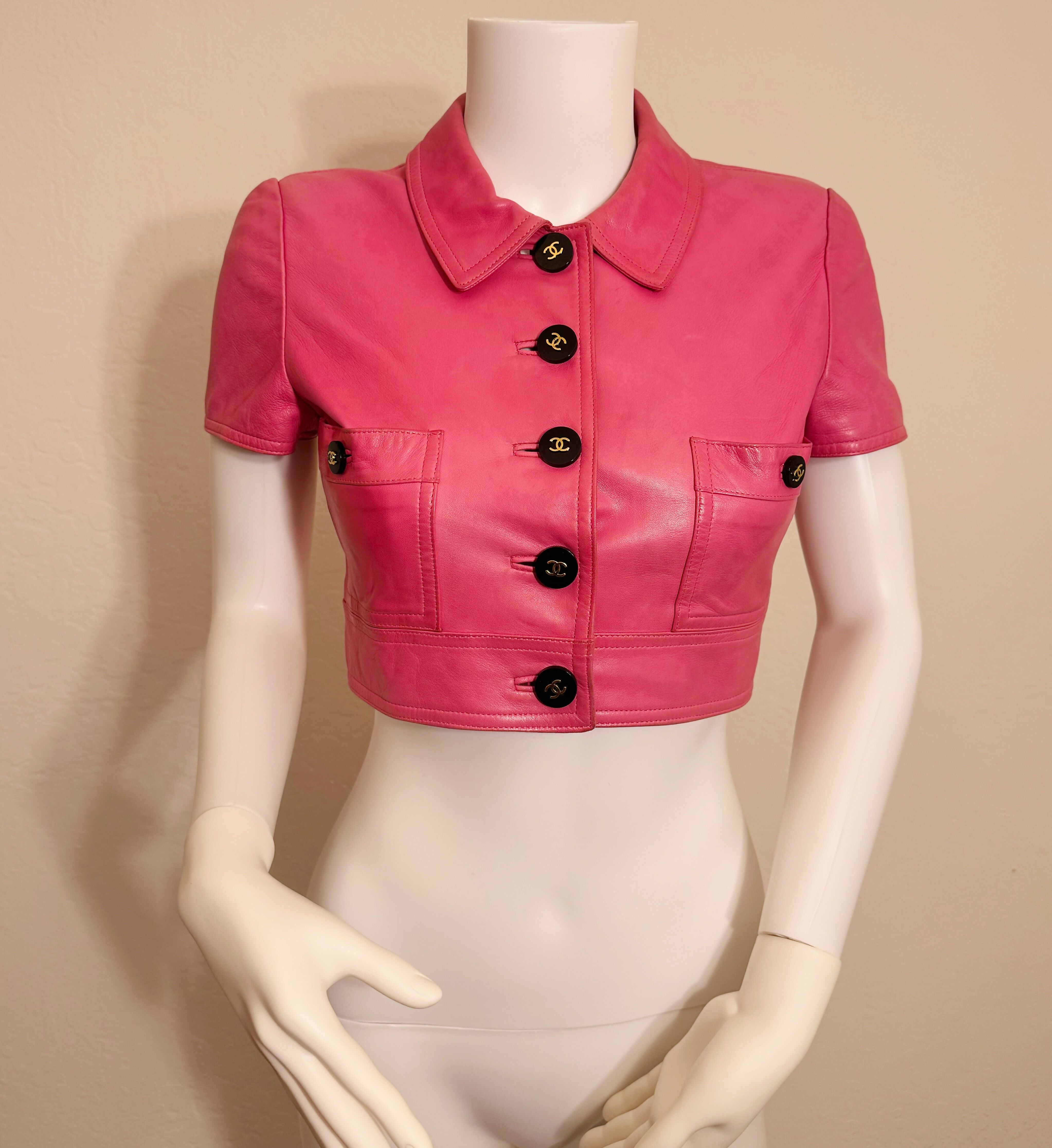 CHANEL レザーニットジャケット Chanel Vintage 1995 Barbie Pink Leather Cropped Jacket – Wararni.com