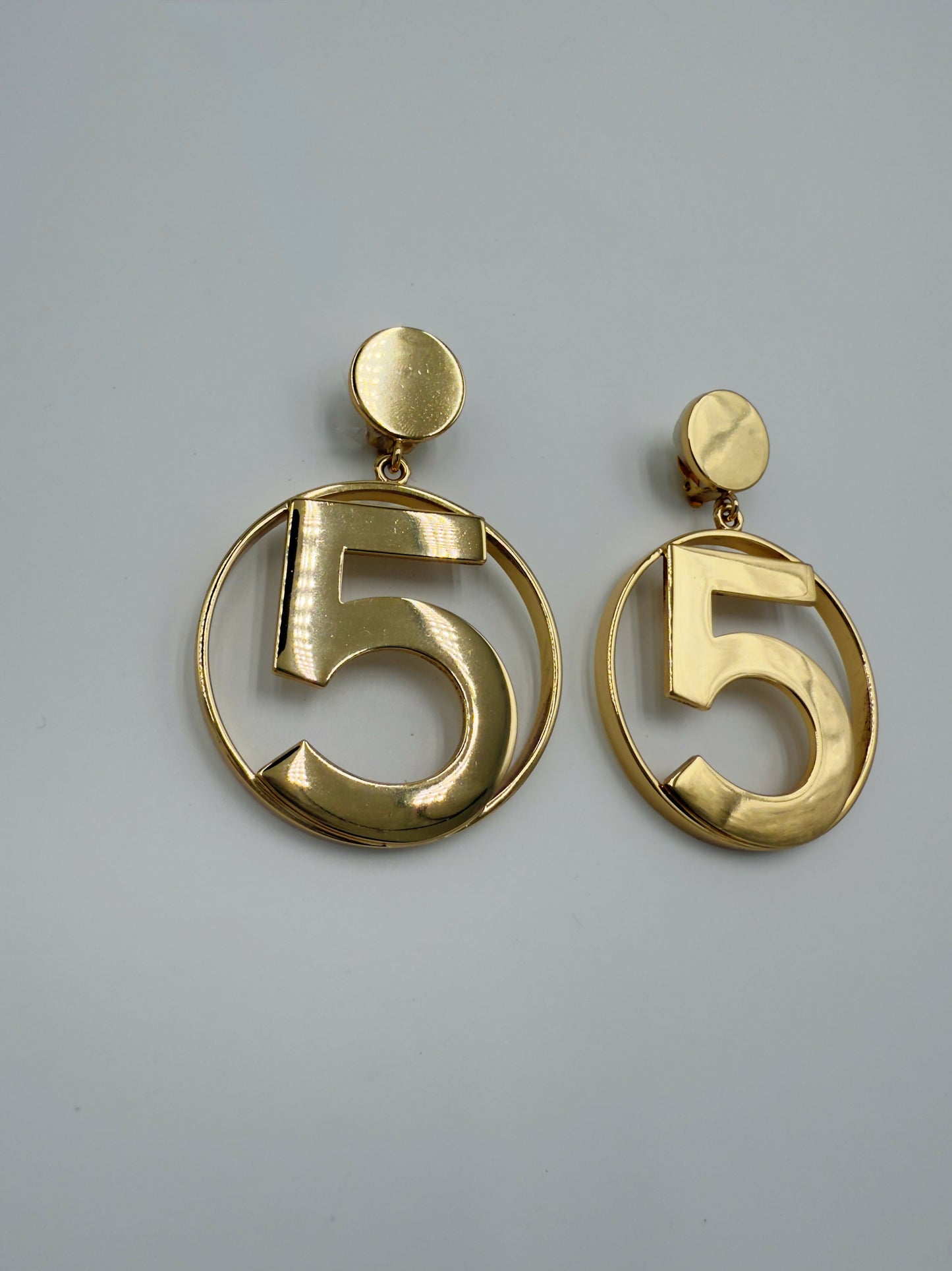 Chanel 1980s Runway Vintage Gold Plated Circle No.5 Dangle Earrings